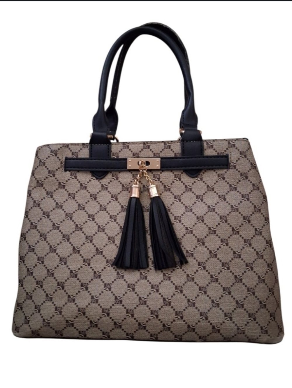 Classic Black & Beige Patterned Tote Bag with Tassel